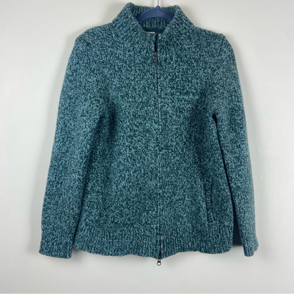 L.L. Bean green lambs wool, full zip, sweater jacket, large